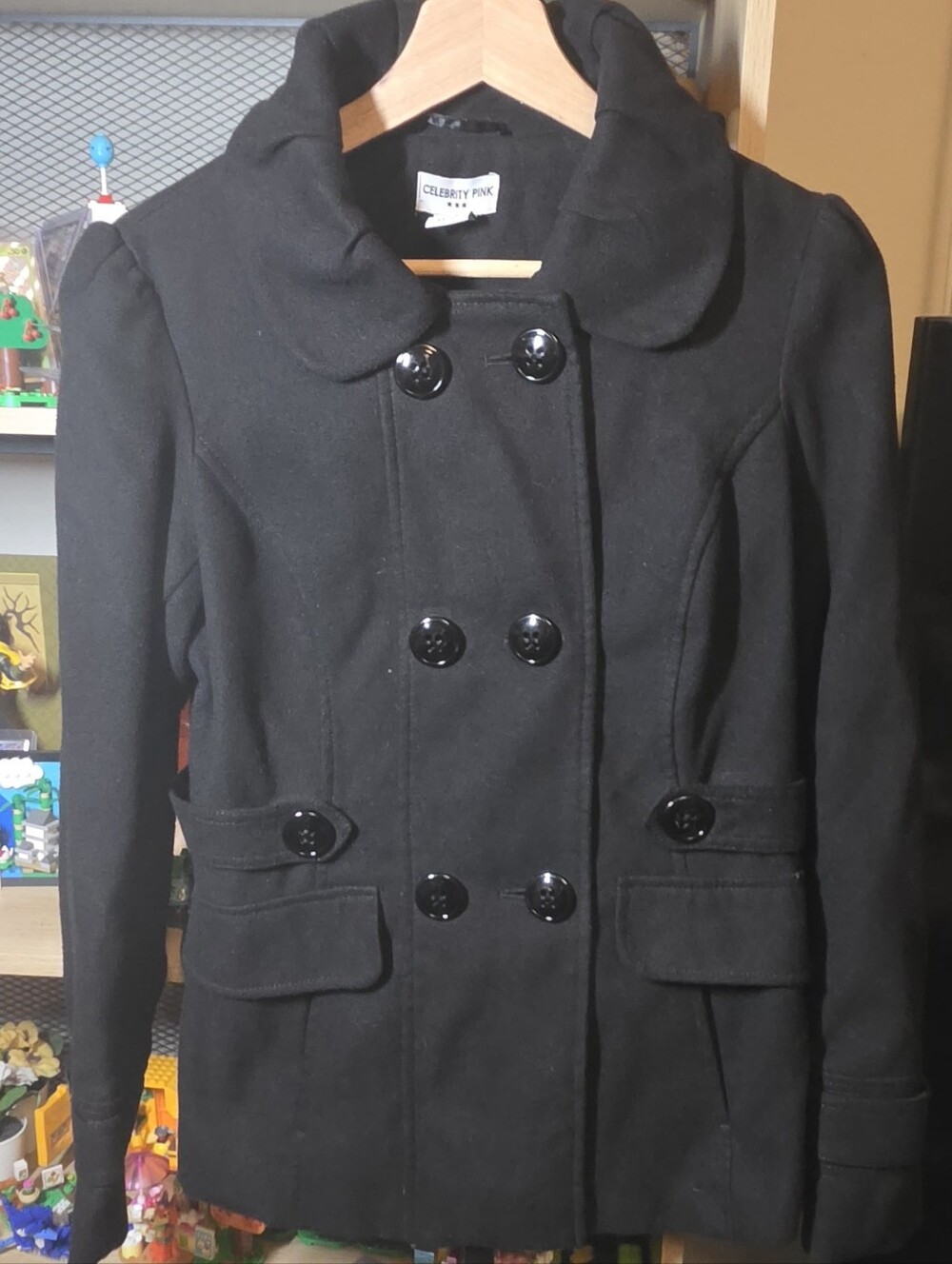 Celebrity Pink Peacoat Jacket Womens Small S Black Double Breasted FauxWool Coat